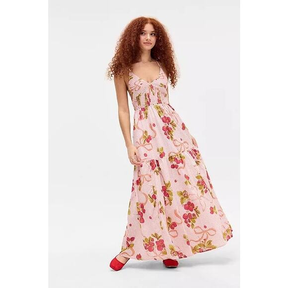 Urban Outfitters Kimchi Blue Renee Smocked Floral Bow Pink Maxi Dress Medium NWT